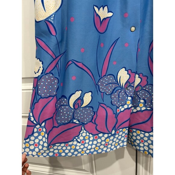 Vintage Granada Blue Floral House Dress Medium Short Sleeve Snap Front - Picture 5 of 11